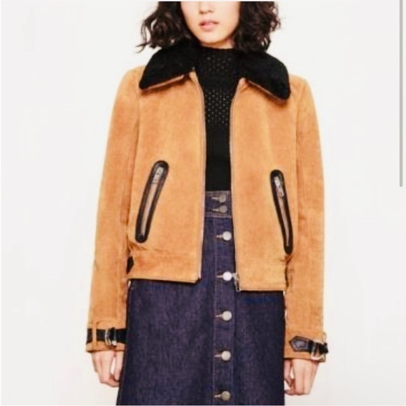 Maje genuine suede leather aviator jacket with removable collar BLOGGER FAVORITE - Picture 3 of 12